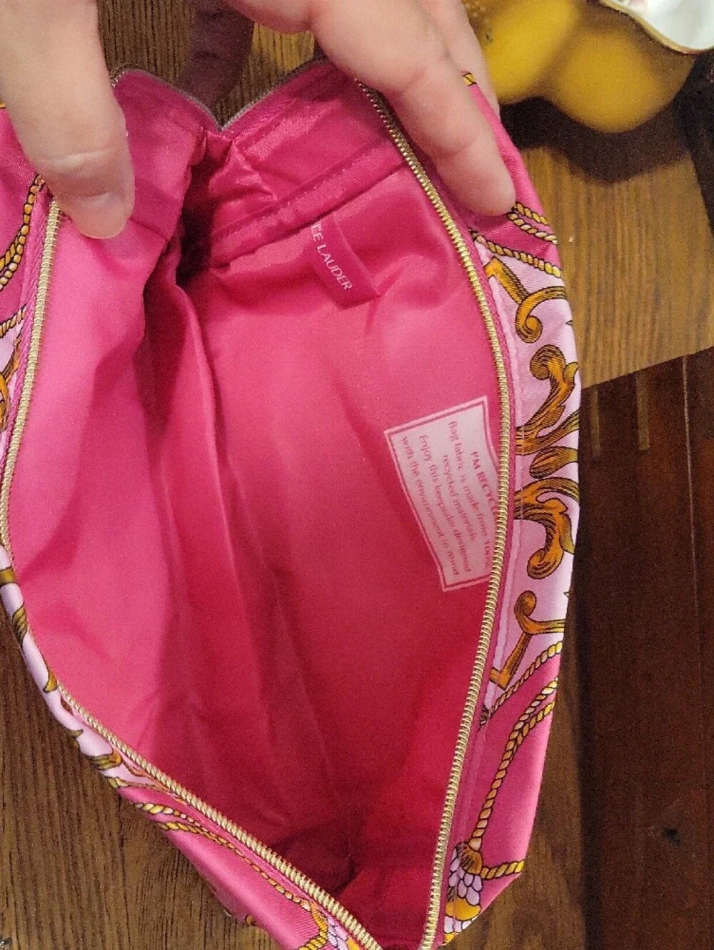 Estee Lauder Pink and Gold Tassel Print Cosmetic Bag